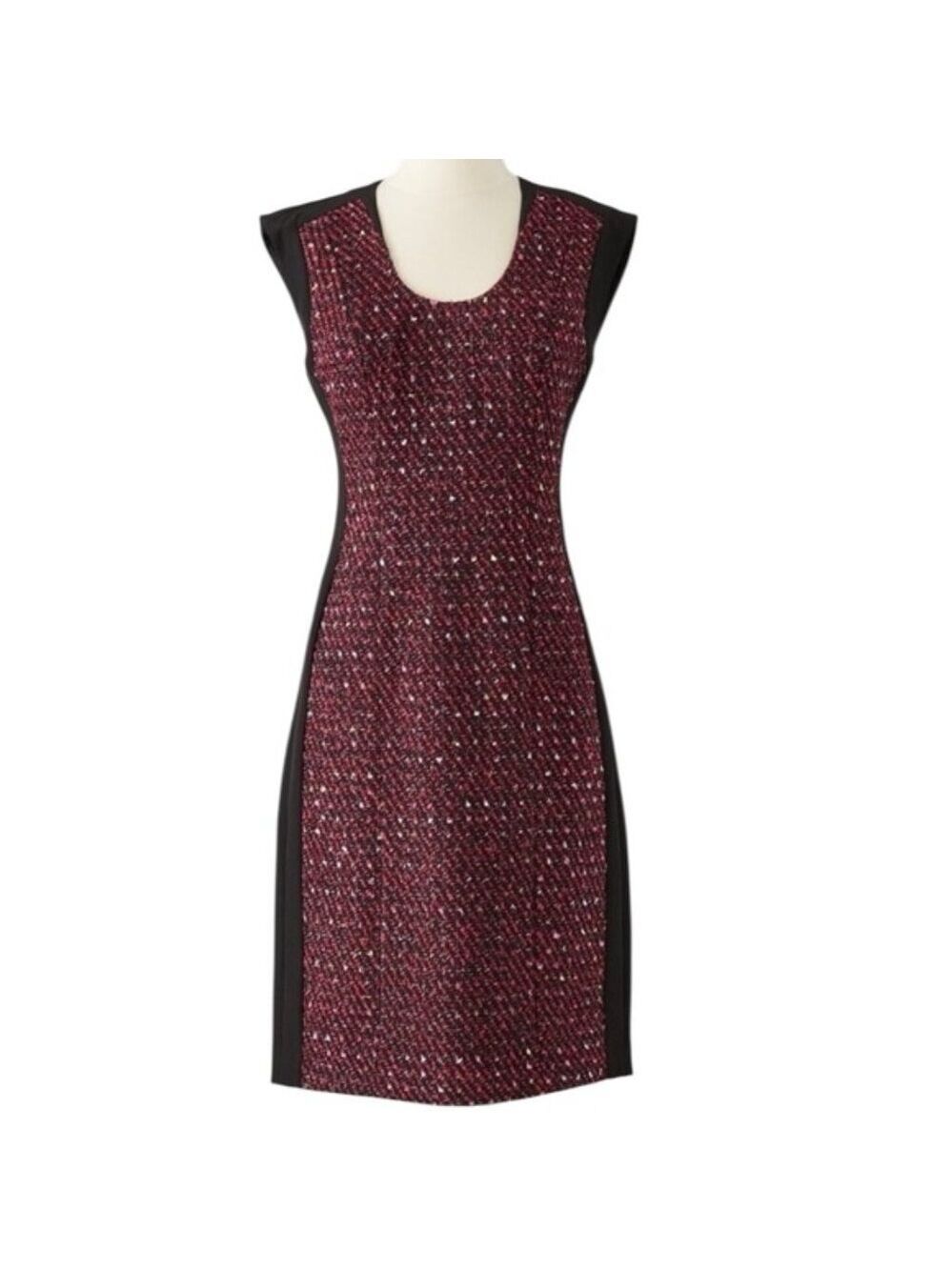 J. Peterman Most Flattering Tweed Dress Black Burgundy Classic Sheath Size 8‎